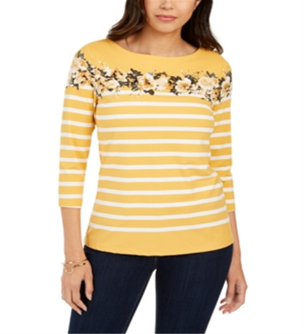 Charter Club Women's Striped and Floral Print Top Yellow Size Large