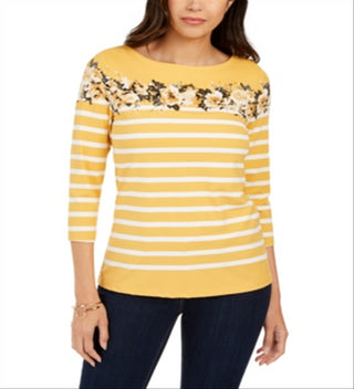 Charter Club Women's Striped and Floral Print Top Yellow Size Large