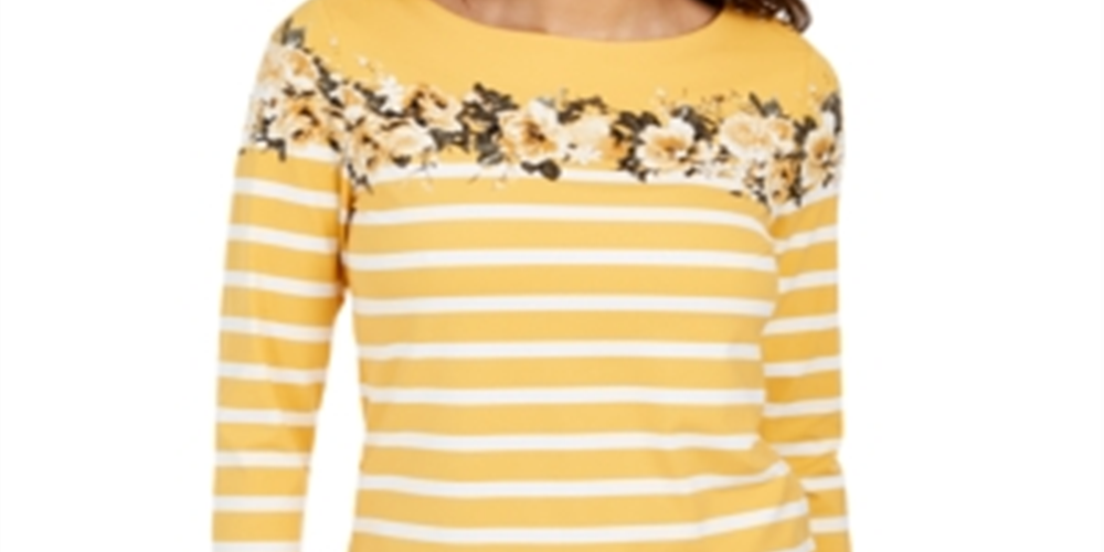 Charter Club Women's Striped and Floral Print Top Yellow Size Large
