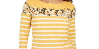 Charter Club Women's Striped and Floral Print Top Yellow Size Large