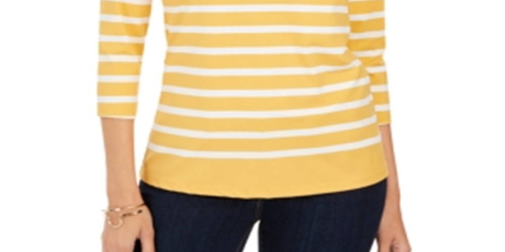 Charter Club Women's Striped and Floral Print Top Yellow Size Large