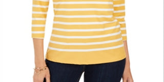 Charter Club Women's Striped and Floral Print Top Yellow Size Large