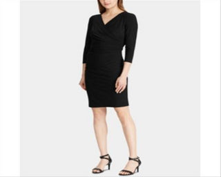 Ralph Lauren Women's 3/4 Sleeve Runched Jersey Dress Black Size 0