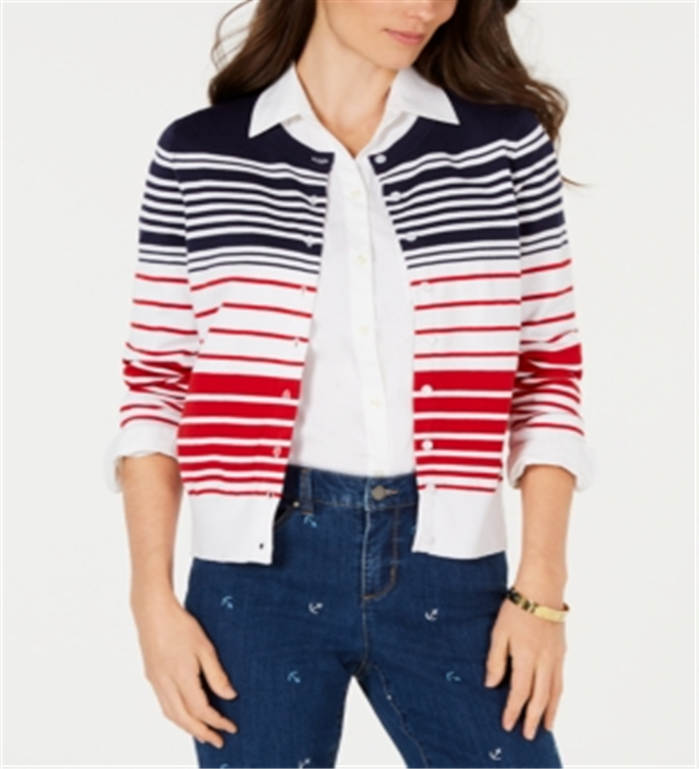 Charter Club Women's Striped Cardigan Blue Size L