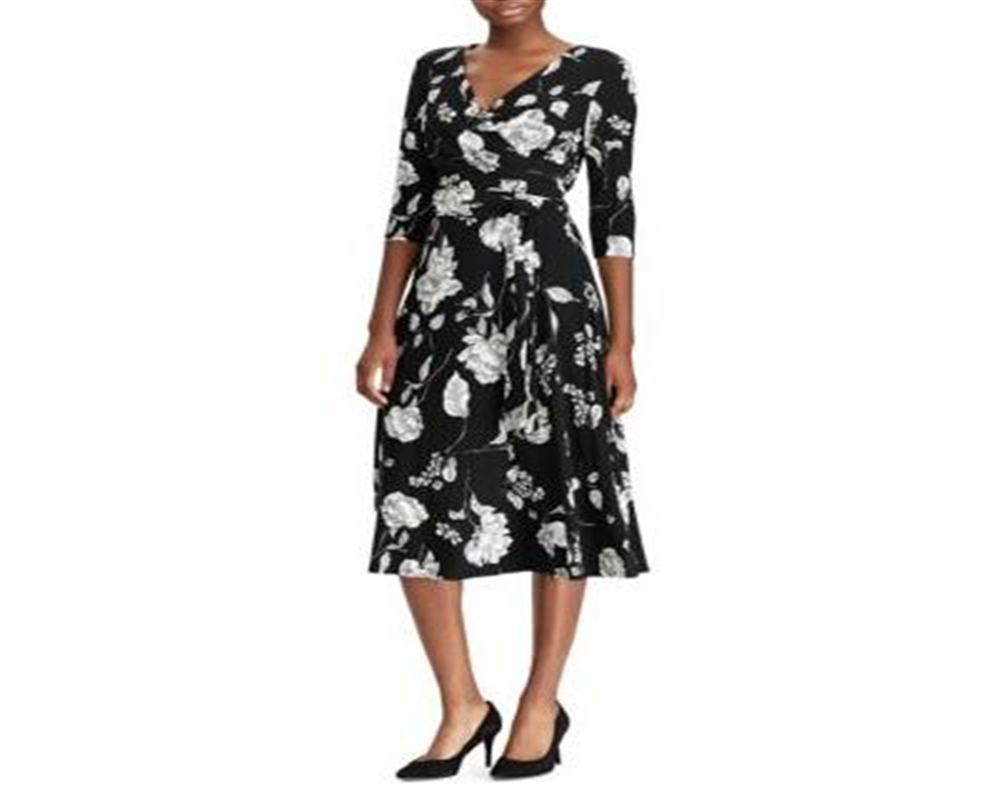 Ralph Lauren Women's Cream Floral Surplice Fit & Flare MIDI Dress Black Size 6