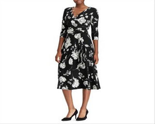 Ralph Lauren Women's Cream Floral Surplice Fit & Flare MIDI Dress Black Size 6