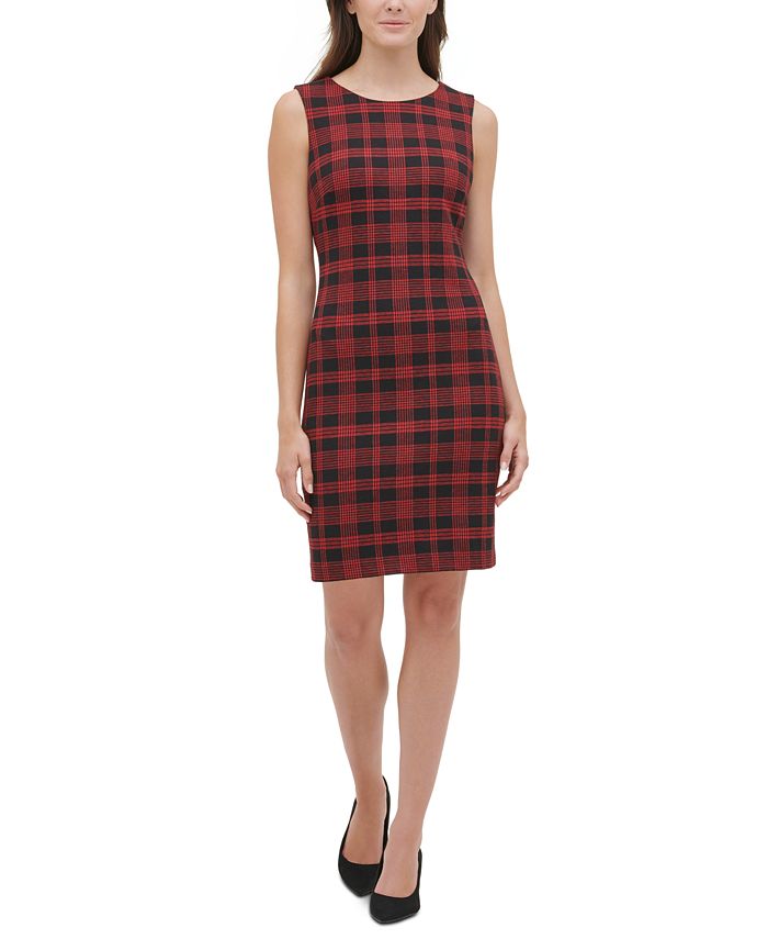 Tommy Hilfiger Women's Knit Plaid Sheath Dress -Red- Size 6