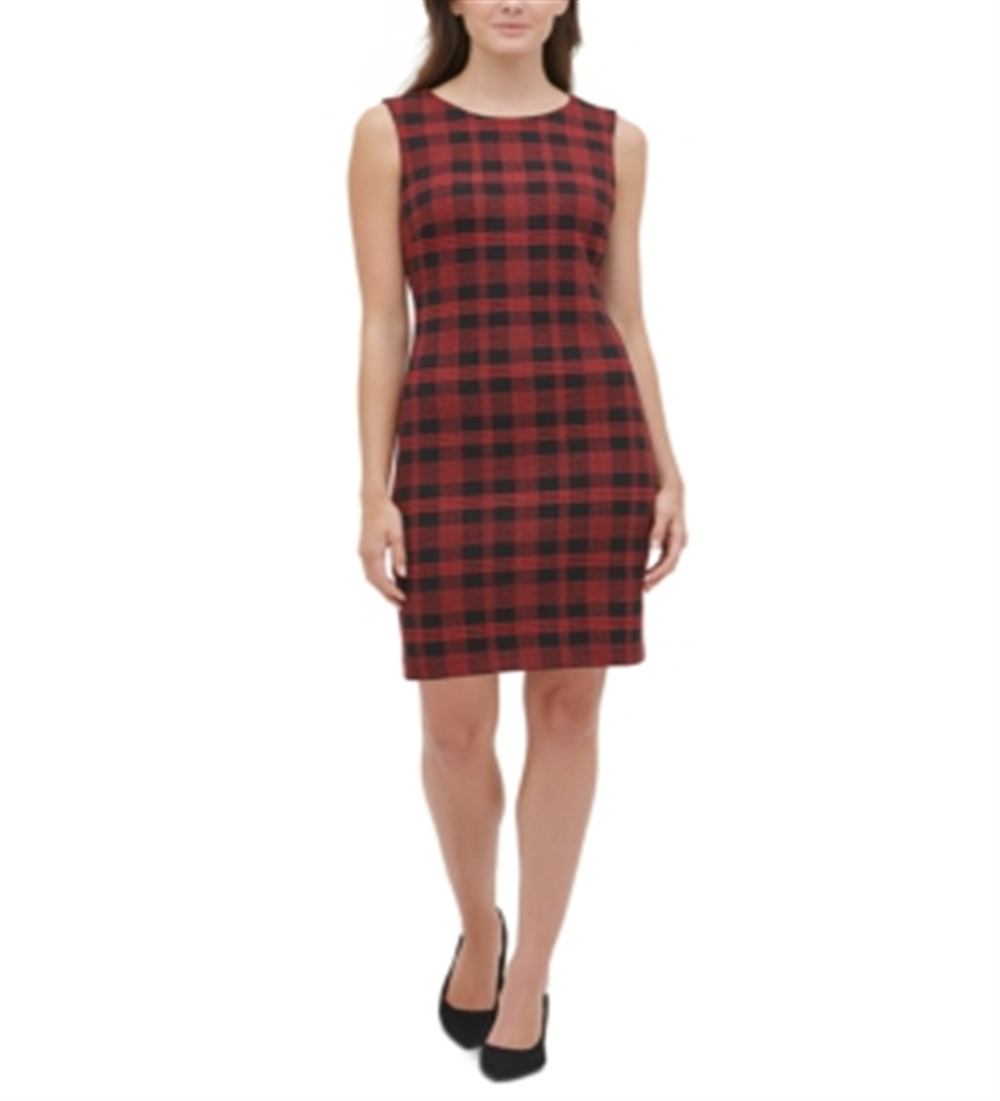 Tommy Hilfiger Women's Knit Plaid Sheath Dress -Red- Size 6