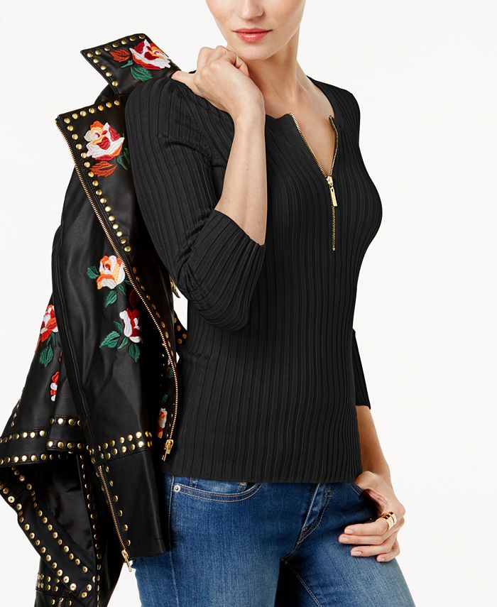 INC International Concepts Women's Zip Henley Black Size Petite S