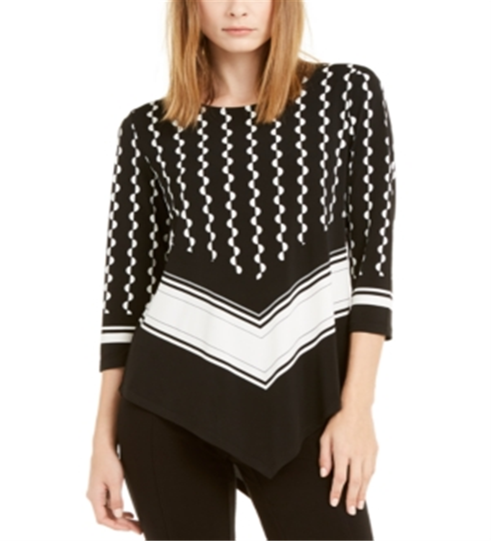 Alfani Women's Printed 3/4 Sleeve Crew Neck Evening Blouse Black Size Petite Small