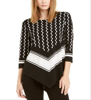 Alfani Women's Printed 3/4 Sleeve Crew Neck Evening Blouse Black Size Petite Small