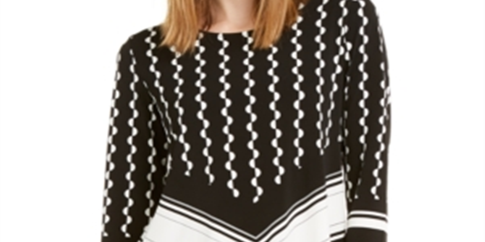 Alfani Women's Printed 3/4 Sleeve Crew Neck Evening Blouse Black Size Petite Small