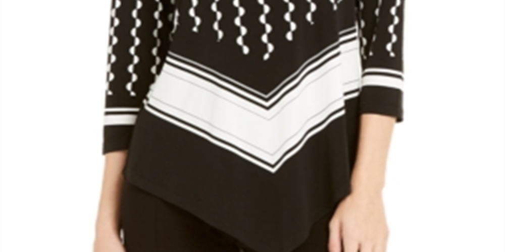 Alfani Women's Printed 3/4 Sleeve Crew Neck Evening Blouse Black Size Petite Small