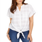 Charter Club Women's Windowpane Print Tie Waist Top White Size Small