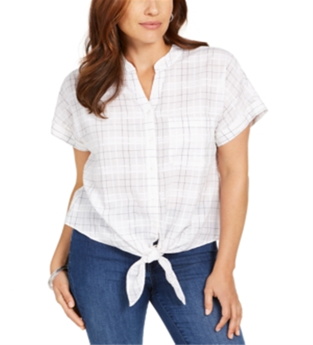 Charter Club Women's Windowpane Print Tie Waist Top White Size Small