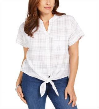 Charter Club Women's Windowpane Print Tie Waist Top White Size Small