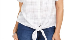 Charter Club Women's Windowpane Print Tie Waist Top White Size Small