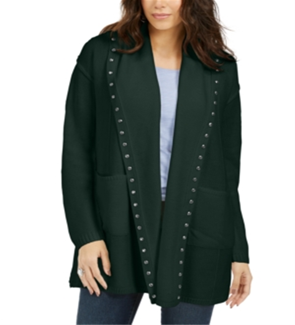 Style & Co Women's Hooded Studded Cardigan Green Size Petite P