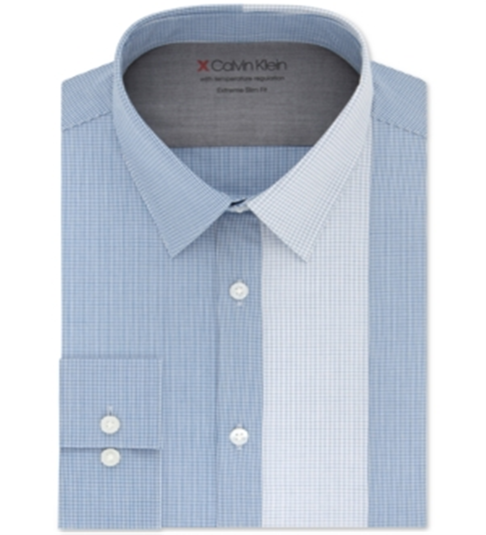Calvin Klein Men's Extra Slim Fit Temperature Regulating Stretch Check Dress Shirt Blue Size S 14-14/5