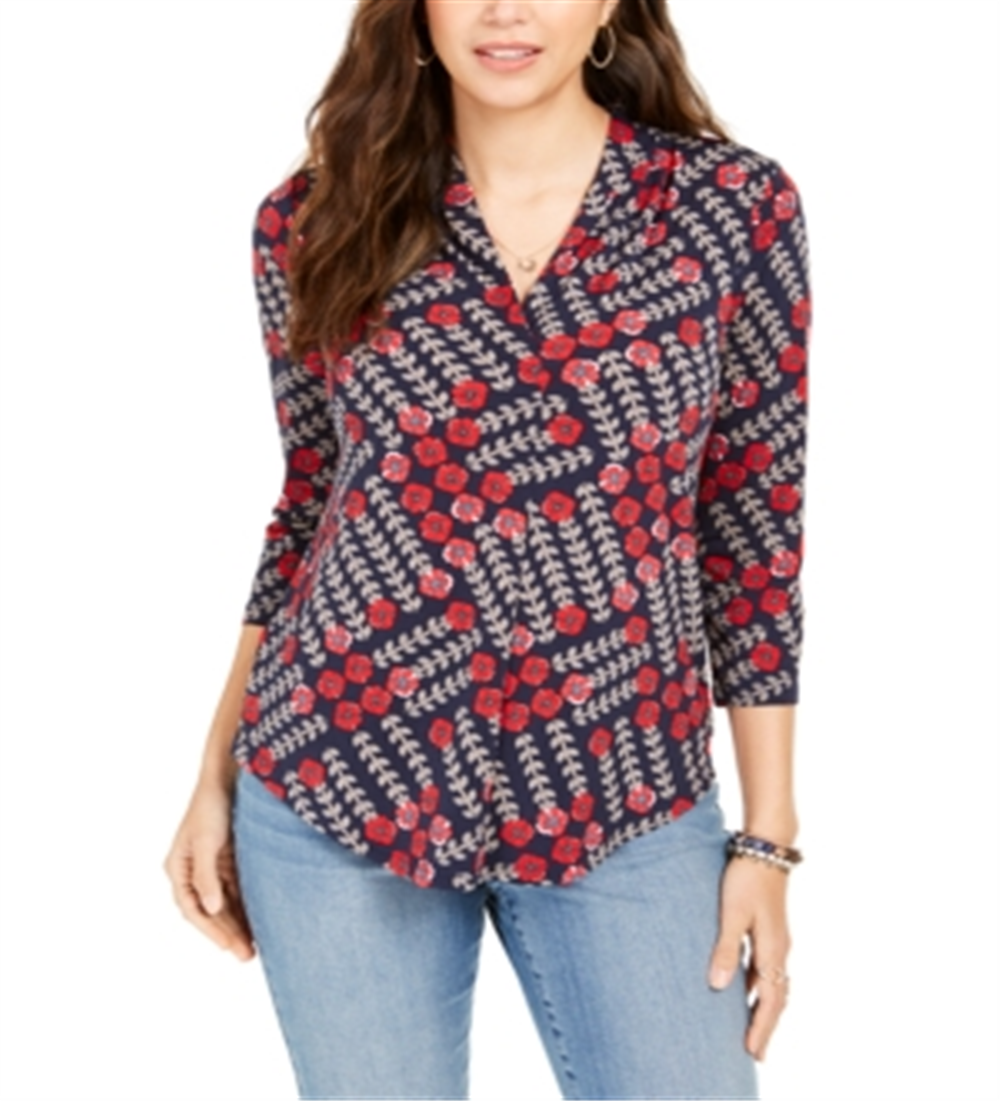 Charter Club Women's Printed V Neck Top Blue Size Large