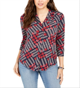 Charter Club Women's Printed V Neck Top Blue Size Large