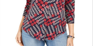 Charter Club Women's Printed V Neck Top Blue Size Large