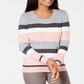 Karen Scott Women's Striped Cotton Cable Knit Sweater Pink Size Petite L