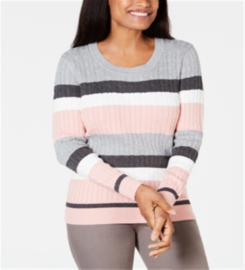 Karen Scott Women's Striped Cotton Cable Knit Sweater Pink Size Petite L
