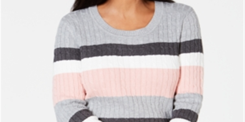 Karen Scott Women's Striped Cotton Cable Knit Sweater Pink Size Petite L