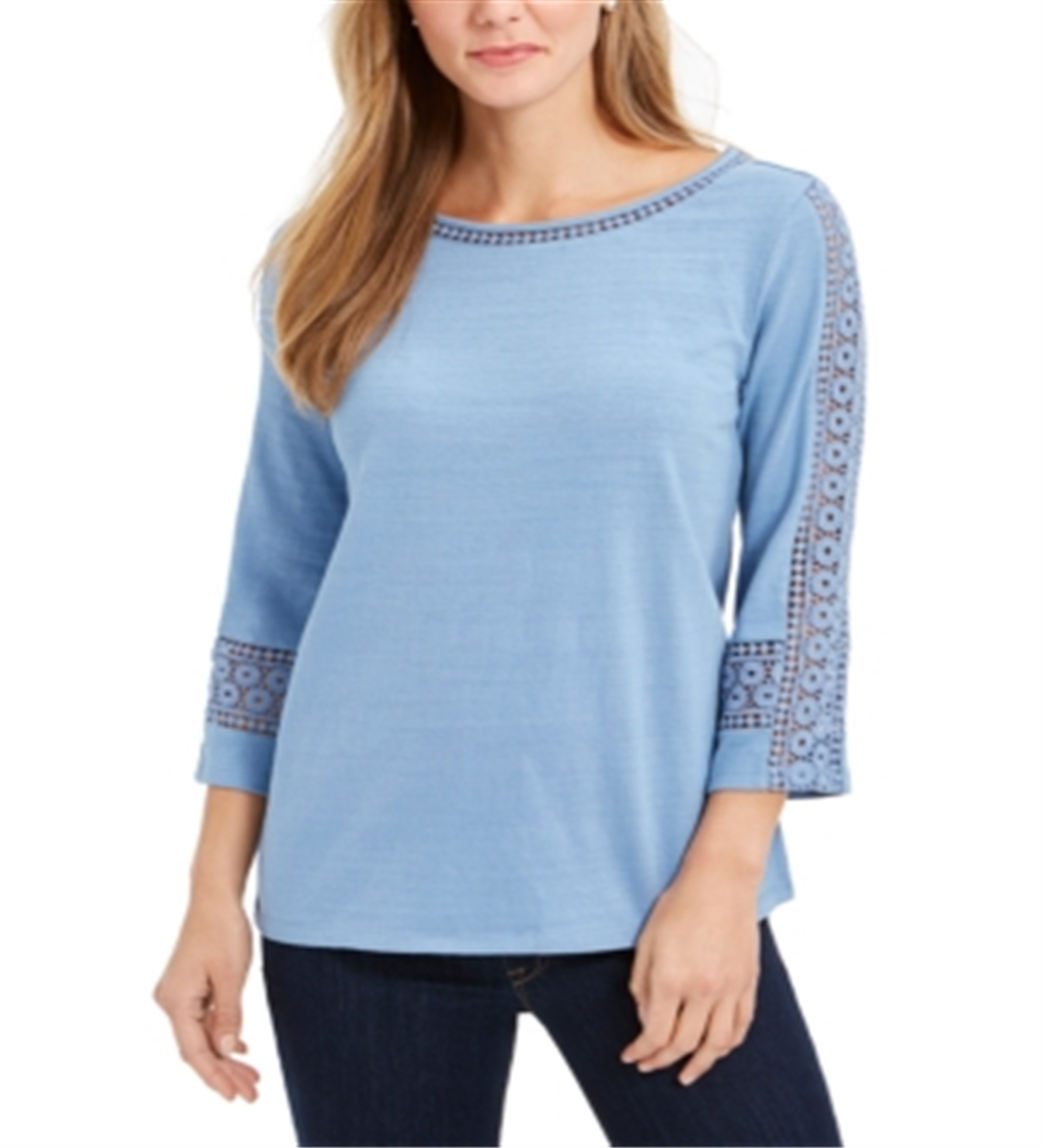 Charter Club Women's Crochet Sleeve Top Blue Size Small