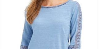Charter Club Women's Crochet Sleeve Top Blue Size Small