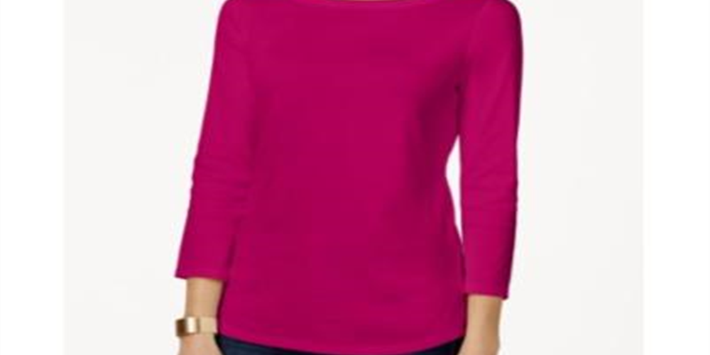 Charter Club Women's Pima Cotton Boat Neck Button Shoulder Top Pink Size Medium