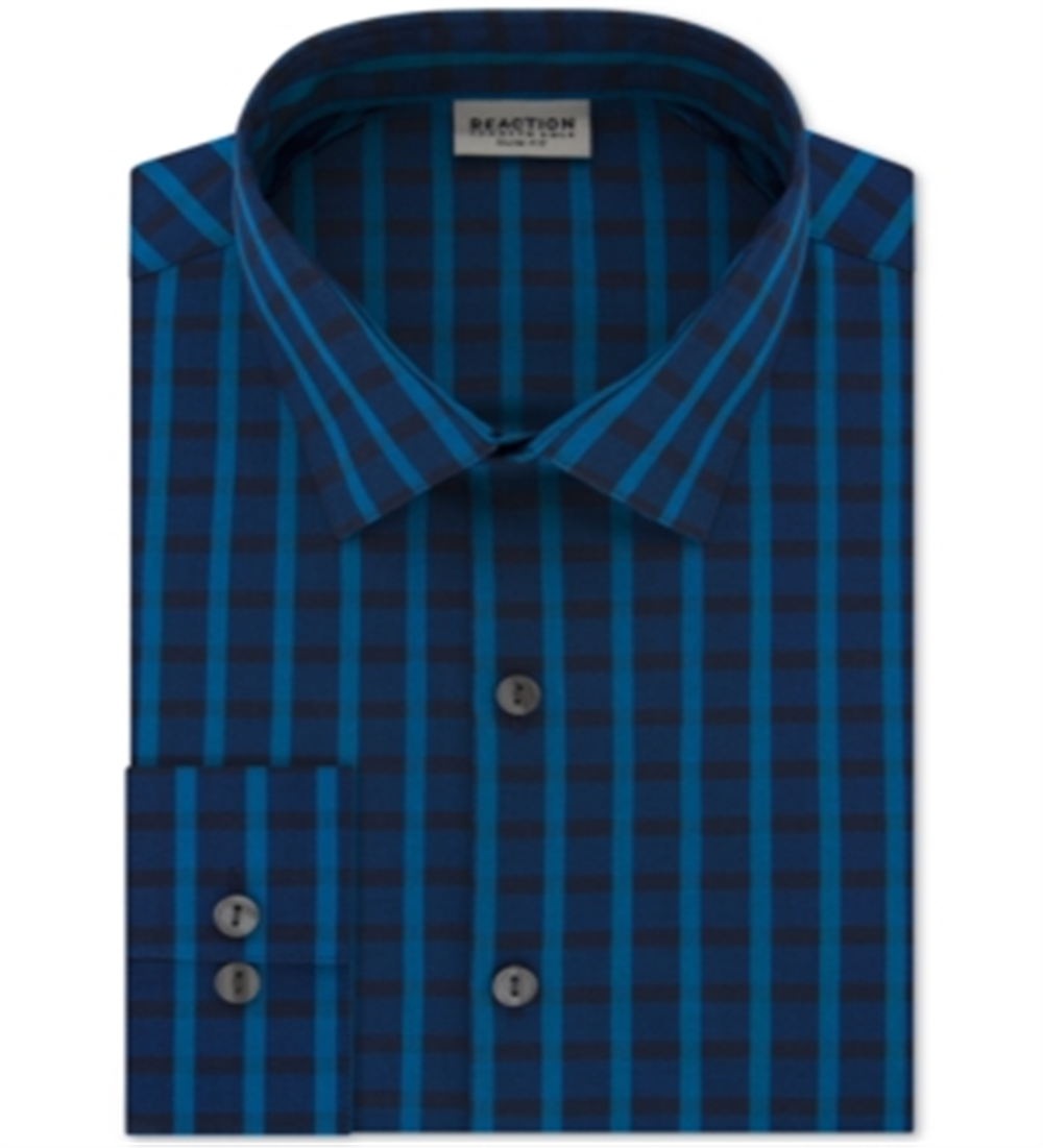 Kenneth Cole Reaction Men's Slim Fit All Day Flex Check Dress Shirt Stream Blue Size XL