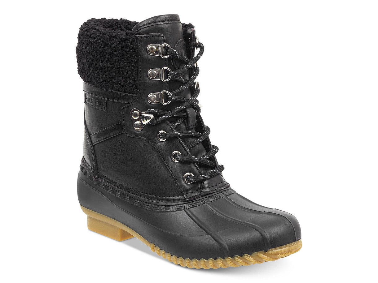 Tommy Hilfiger Women's 1/2 Heel Padded Waterproof Fur Trim Rian Round Toe Block Heel Lace up Snow Boots Black Size 5 M