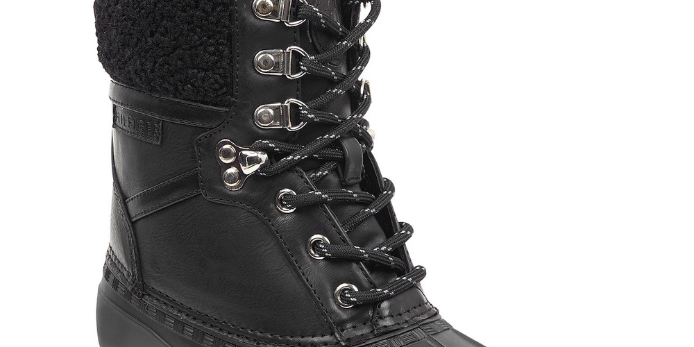 Tommy Hilfiger Women's 1/2 Heel Padded Waterproof Fur Trim Rian Round Toe Block Heel Lace up Snow Boots Black Size 5 M