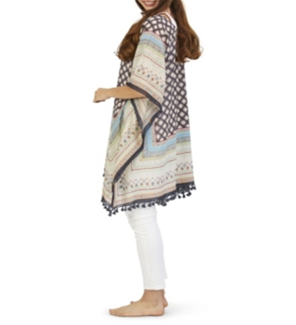 Two's Company Women's Roberta Moorish Pattern with Hand Stitched Embroidery and Tassels Poncho Blue Size One Size