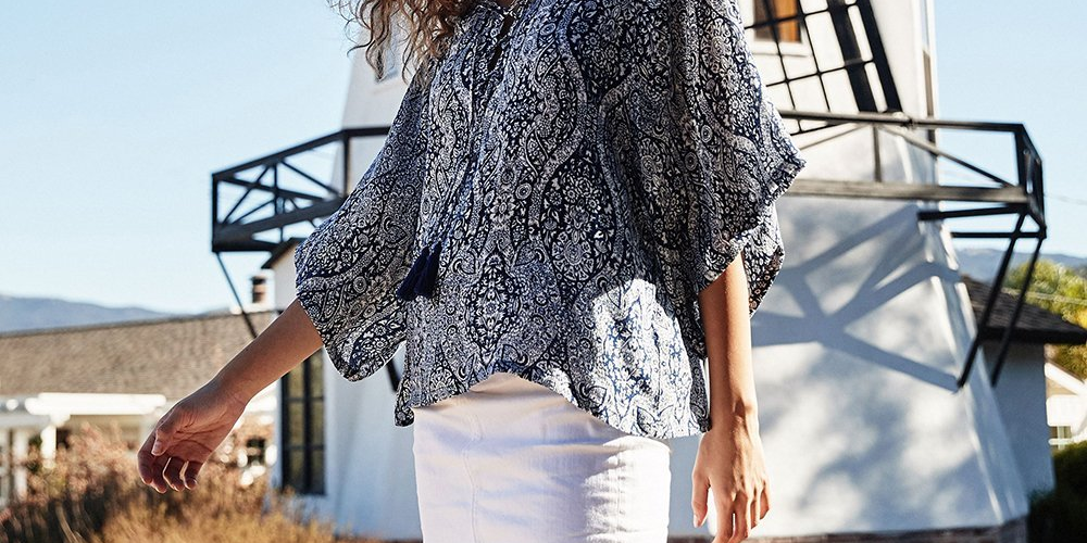 Karen Kane Women's Lace up Top Print 100% Rayon Blue Size Large