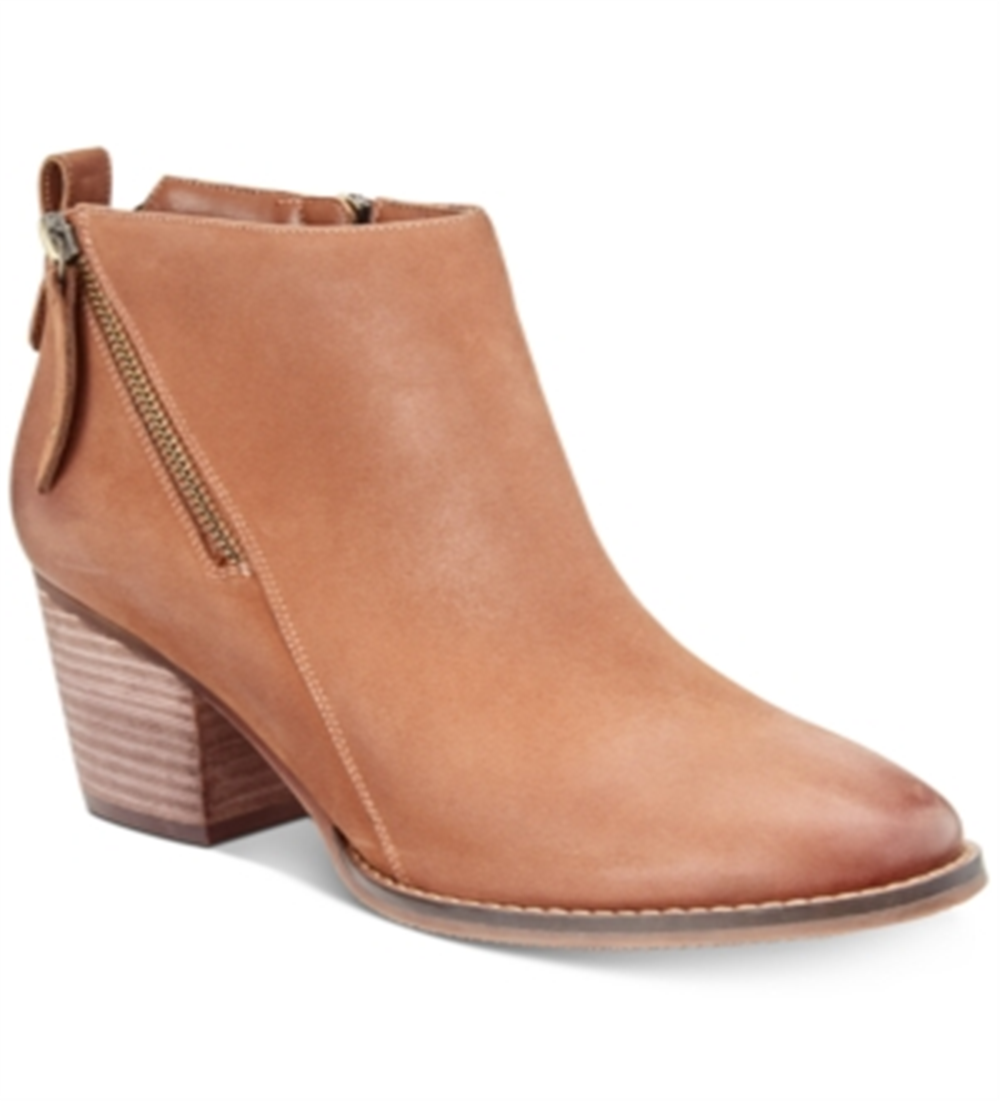 Aqua College Women's Western Style Cushioned Waterproof Zipper Accent Nancy Almond Toe Stacked Heel Zip up Leather Booties Brown Size 7.5 M