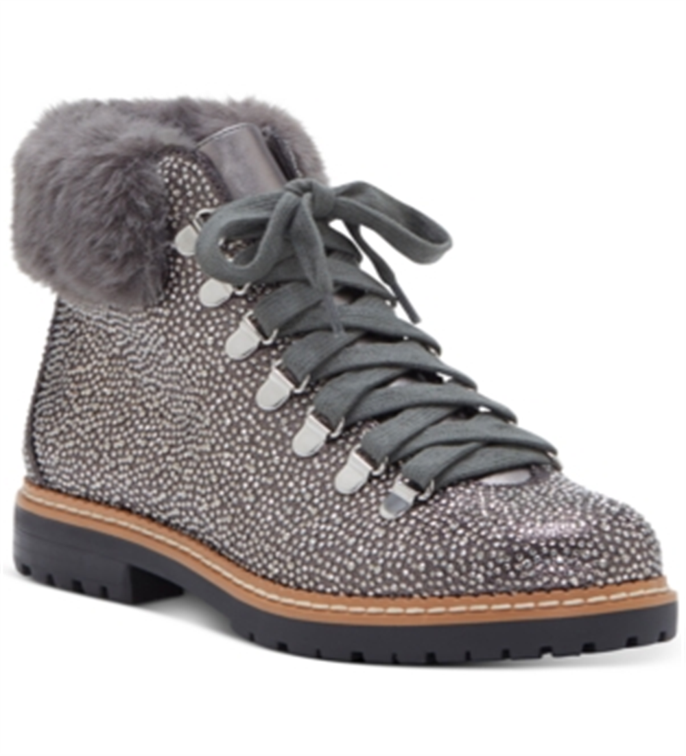 INC International Concepts Women's Pravale Lace up Lug Sole Hiker Bling Booties Gray Size 5.5 M