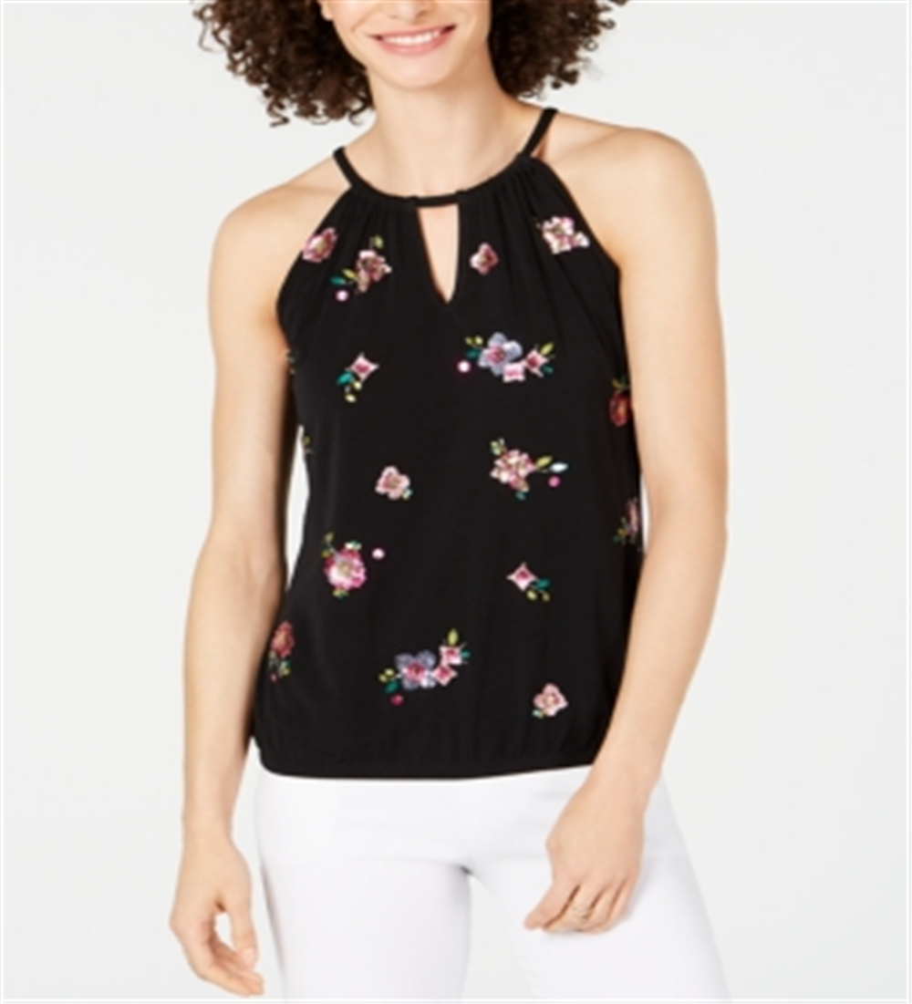 INC International Concepts Women's Embellished Bubble Hem Halter Top Black Size Petite L