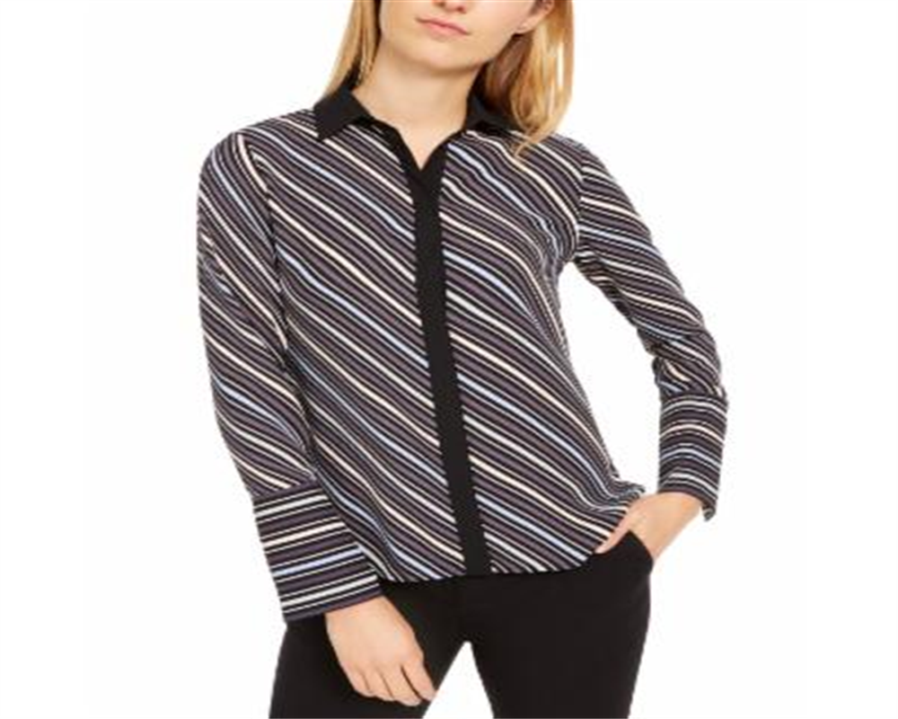Anne Klein Women's Milano Striped Collared Button Down Top Black Size Small