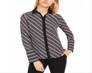 Anne Klein Women's Milano Striped Collared Button Down Top Black Size Small