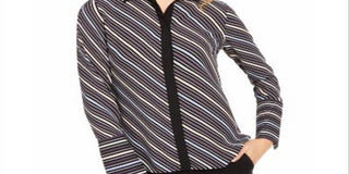Anne Klein Women's Milano Striped Collared Button Down Top Black Size Small