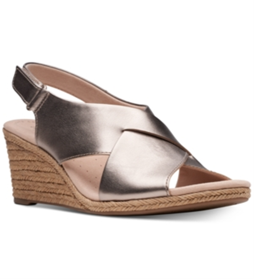 Women's Clarks Lafley Alaine Wedge Sandal Pewter Full Grain Leather Silver Size 9 M