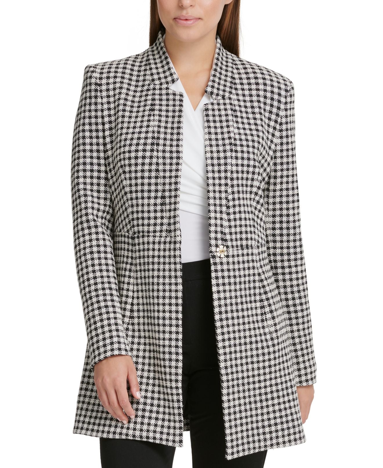DKNY Women's Houndstooth Print Topper Jacket Gray Size 12