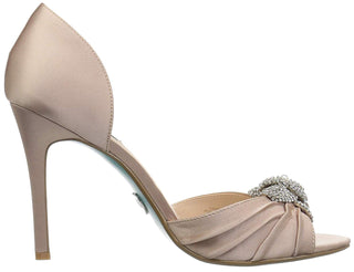 Betsey Johnson Women's Briar Fabric Peep Toe Ankle Strap Classic Pumps Nude Satin Size 5.5 M