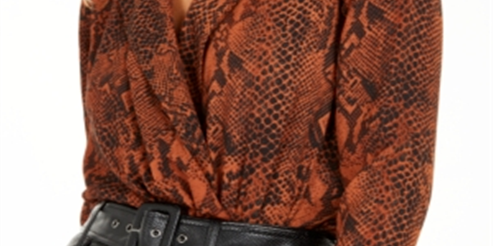 Bar III Women's Snake Print Surplice Bodysuit Brown Size XXS