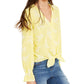 INC International Concepts Women's Embroidered Printed Long Sleeve V Neck Top Yellow Size Petite Large