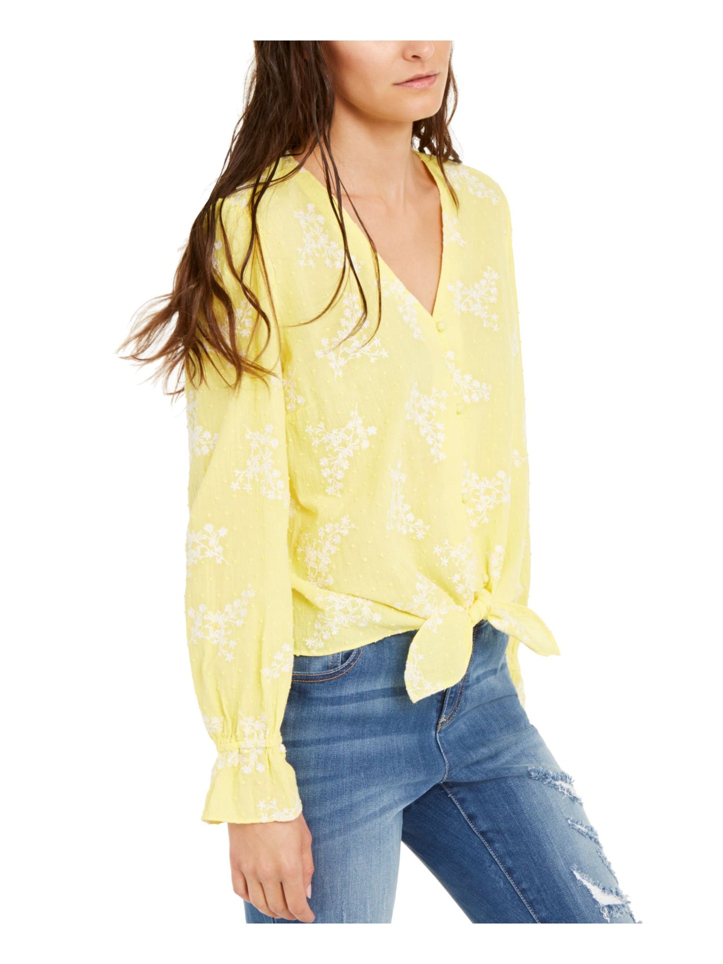 INC International Concepts Women's Embroidered Printed Long Sleeve V Neck Top Yellow Size Petite Large