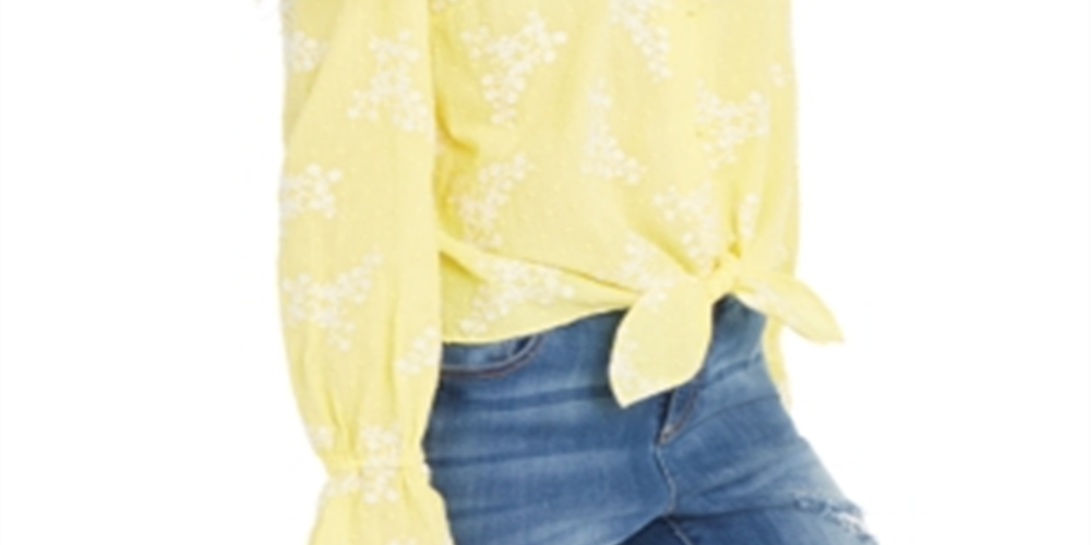 INC International Concepts Women's Embroidered Printed Long Sleeve V Neck Top Yellow Size Petite Large